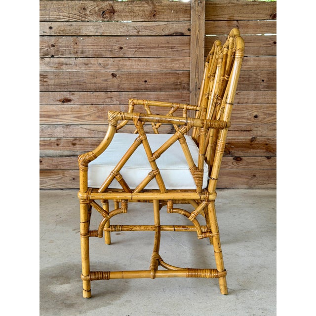 Chippendale Vintage Rattan Chippendale Fretwork Settee Bench With New Sunbrella Cushion For Sale - Image 3 of 12