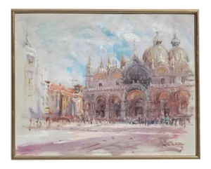 Early 20th Century "St. Mark's Basilica" Landscape Painting, Framed