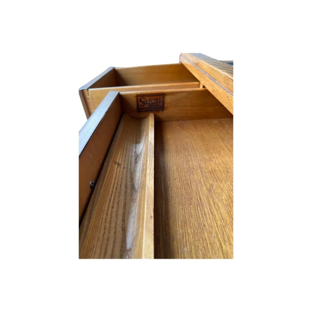 Wood Vintage Campaign-Style Oak Executive Desk With Black Leather Inlay For Sale - Image 7 of 12