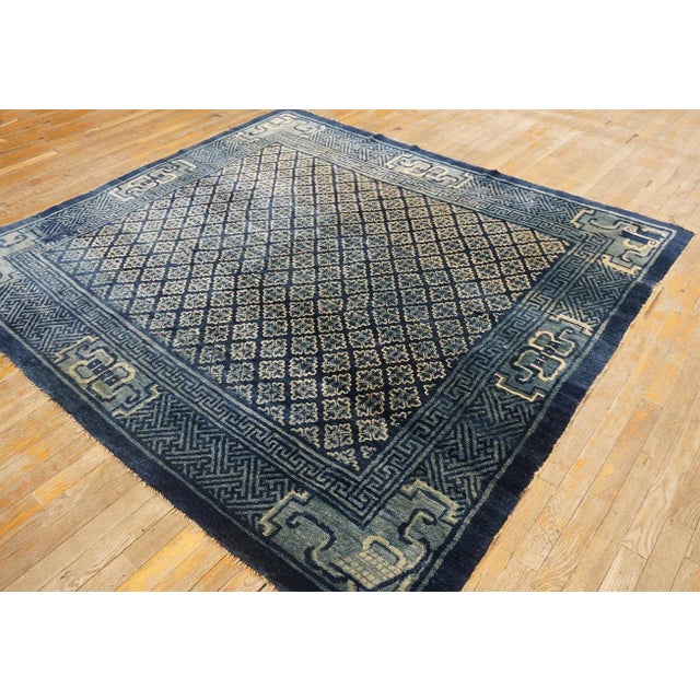 Chinese 1920s Antique Square Blue Geometric Greek Key Chinese Baotou Wool Pile Rug For Sale - Image 3 of 12