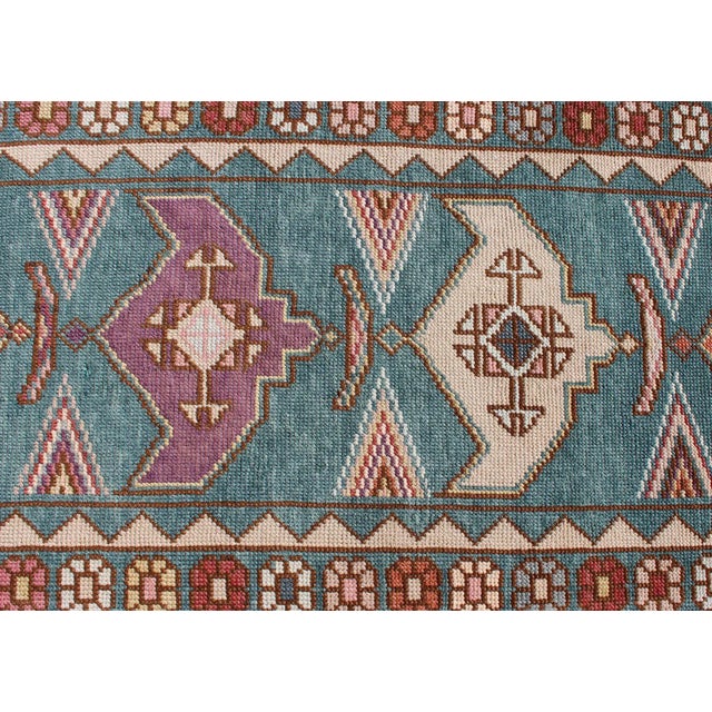 Teal Vintage Turkish Oushak Runner With Teal, Rust, Ivory, and Lavender Tones For Sale - Image 8 of 13