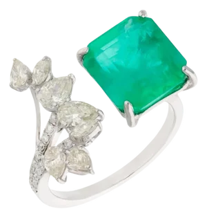 4.85 Ct Emerald Cut Emerald & 0.92 Ct Diamond Bypass Ring in 18 Kt Gold Size 7