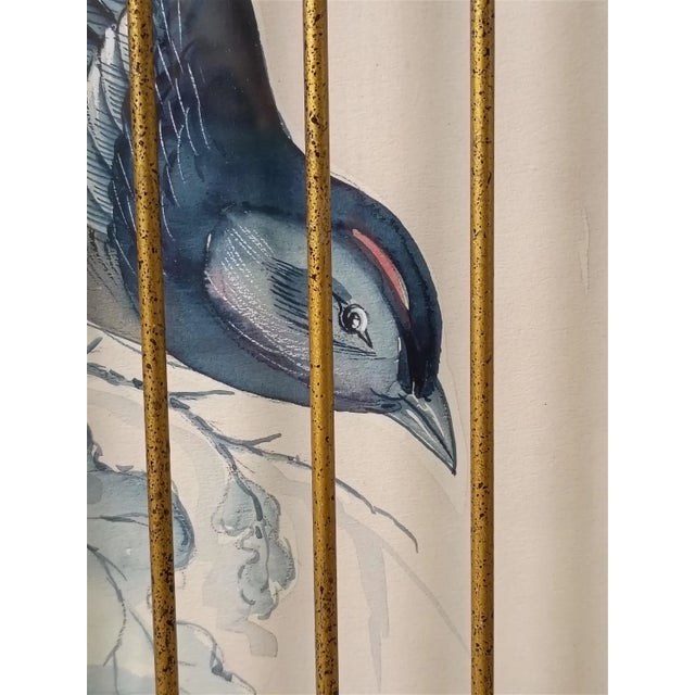1950s 1950s Chinoiserie Caged Blue Bird Original Watercolor Painting by William Edwin Fager Gilt Metal Birdcage Frame For Sale - Image 5 of 17