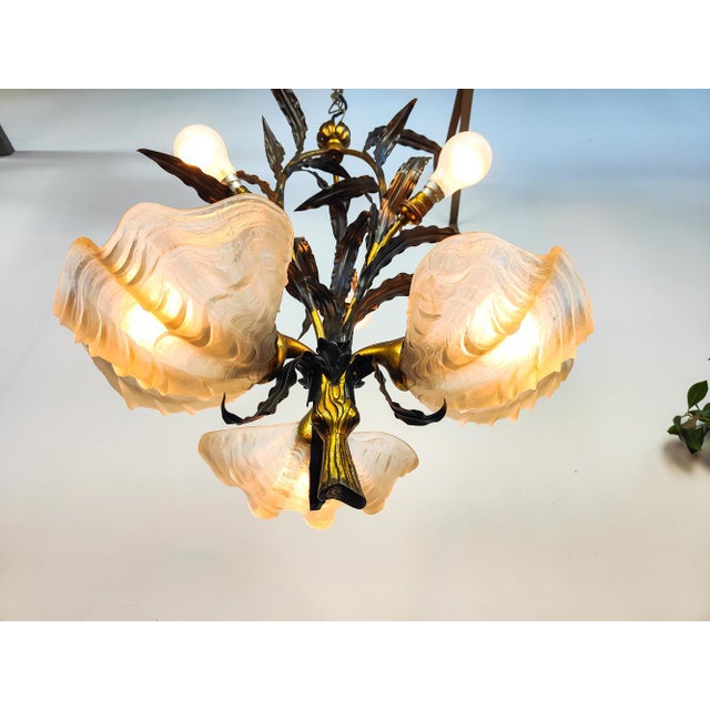 Metal Early Art Nouveau Floral Chandelier with Etched Shell Shaped Glasses, 1890s For Sale - Image 7 of 8