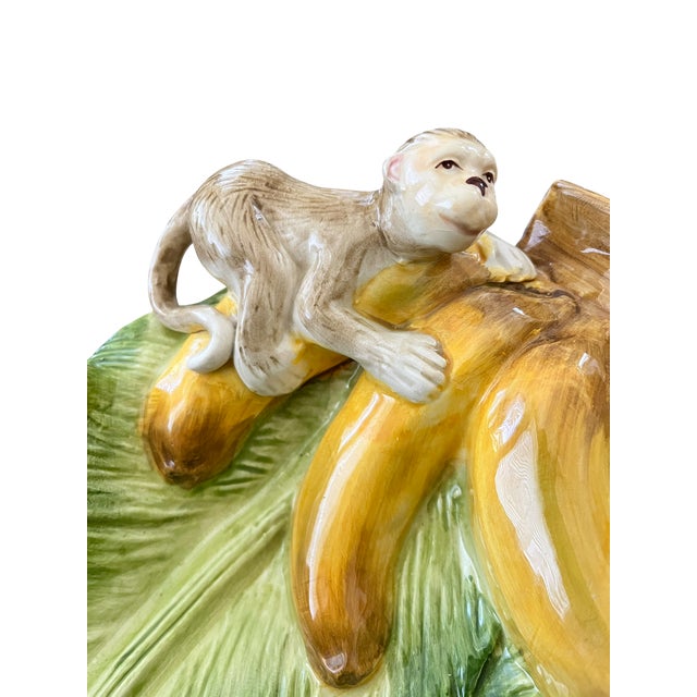 Hollywood Regency Vintage Kaldun & Bogle Zanzibar Majolica Monkey & Banana Leaf Platter, 10" For Sale - Image 3 of 14