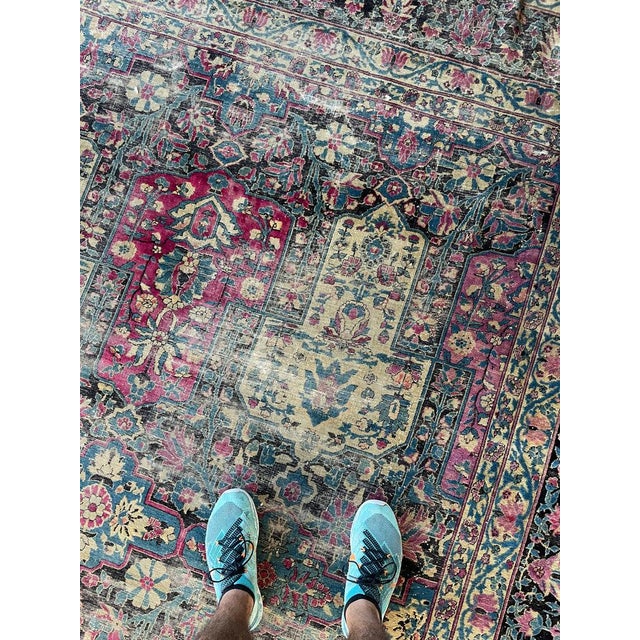 1900 - 1909 Antique Garden Inspired Design PALACE SIZE Charcoal, Magenta, Denim Blue Rug 11.4 x 17.7 For Sale - Image 5 of 13