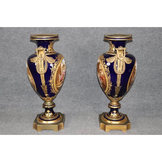 French Palatial 19th Century French Cobalt Blue Porcelain Vases - Attributed to Sèvres (Pair) For Sale - Image 3 of 15