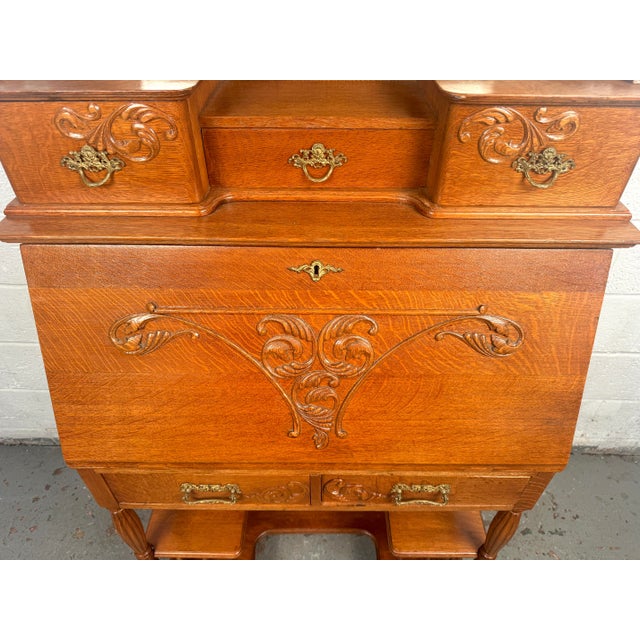 Early 19th Century Victorian Antique Golden Oak Slant Front Secretary Desk Etagere For Sale - Image 14 of 16