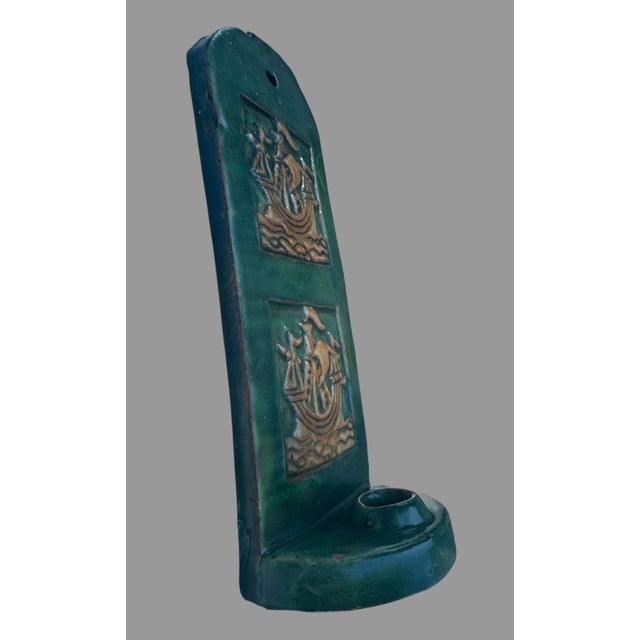 Mid 20th Century Antique Bucks County Art Pottery Ship Wall Candle Sconce Arts Crafts Green 10.5” For Sale - Image 5 of 8
