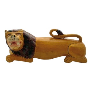 Late 20th Century Lion Sculpture Old Vintage Wood Hand Carved Figurine Folk Art Decor For Sale