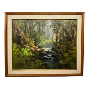 Saiman Dullah (1954-Active) Beautiful, Tropical, Wooded Forest Landscape With River Stream