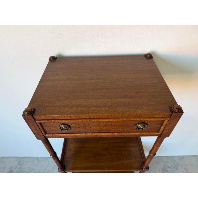 1970’s Vintage Mount Airy Three-Tier Walnut Etagere With Drawers & Brass Casters For Sale - Image 4 of 12