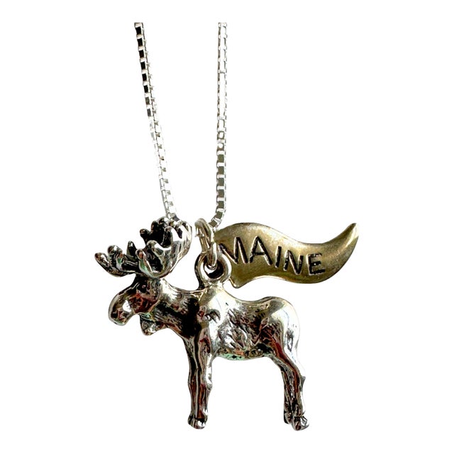 Maine Moose Sterling Silver Vintage Charm on New 18 Inch Sterling Silver Necklace For Sale