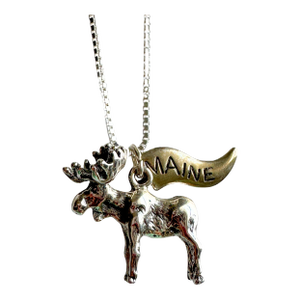 Maine Moose Sterling Silver Vintage Charm on New 18 Inch Sterling Silver Necklace