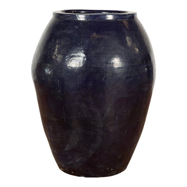 Oversized Vintage Thai Midnight Blue Glazed Water Vessel with Tapering Lines For Sale