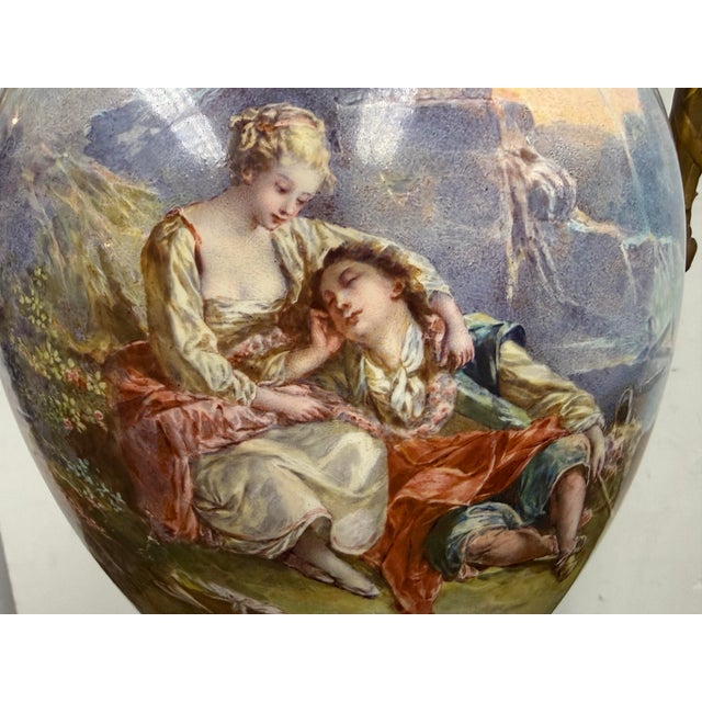 Ceramic 19th Century Rococo Shepherds Lovers Porcelain Vase With Ormolu Cherub Handles For Sale - Image 7 of 12