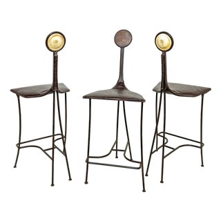 C. 1980s Sculptural Wrought Iron and Leather Bar Stools, Brazil - Set/3 For Sale
