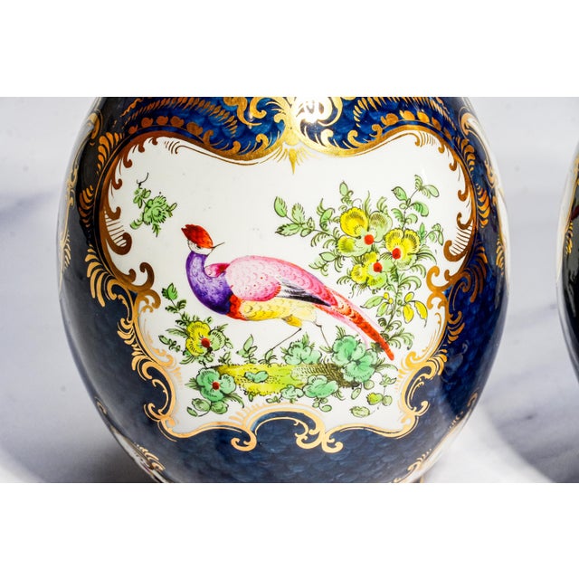 19th Century Stunning Pair Blue Gold English Royal Worcester Porcelain Antique Victorian Bird Nature Decorative Vases Home Decor For Sale - Image 5 of 18
