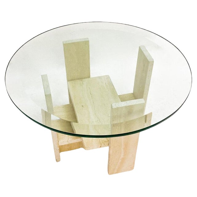 Glass and Travertine Coffee Table attributed to Willy Ballez, 1970s For Sale