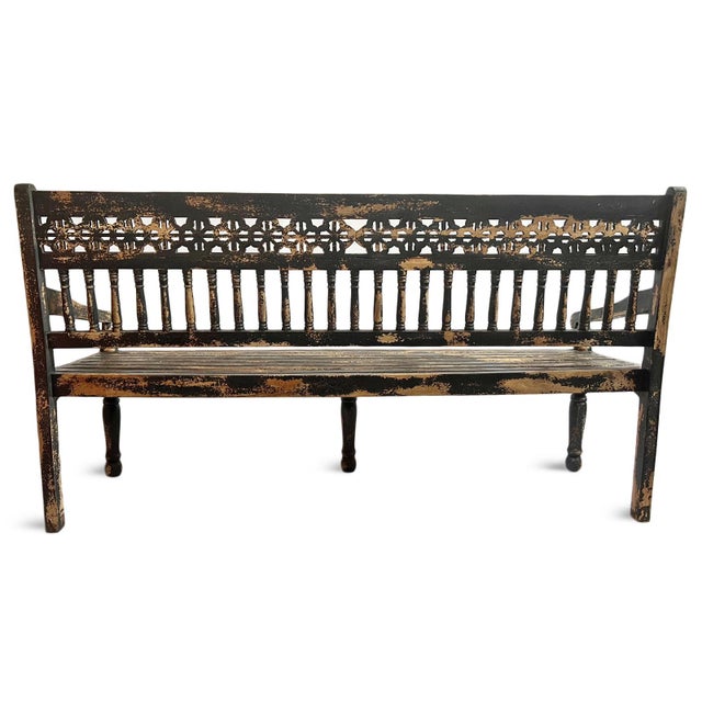 Vintage Colonial Black Crackle Bench For Sale - Image 4 of 8