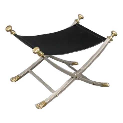 Fantastic Maison Jansen Brass Steel And Leather Folding Footstool With Paw Feet