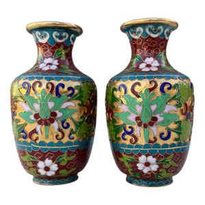 Vintage 1950s Chinese Deep Cut Cloisonne on Brass Mini Vases With Lotus Flowers - a Pair