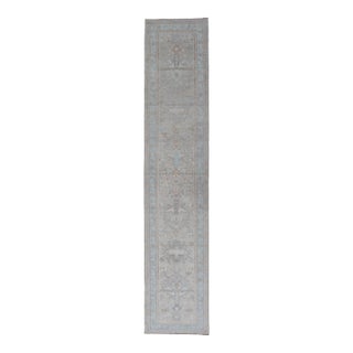 Turkish Oushak Runner in Soft Gray With Light Blue and Taupe 2'8 X 14'0 For Sale