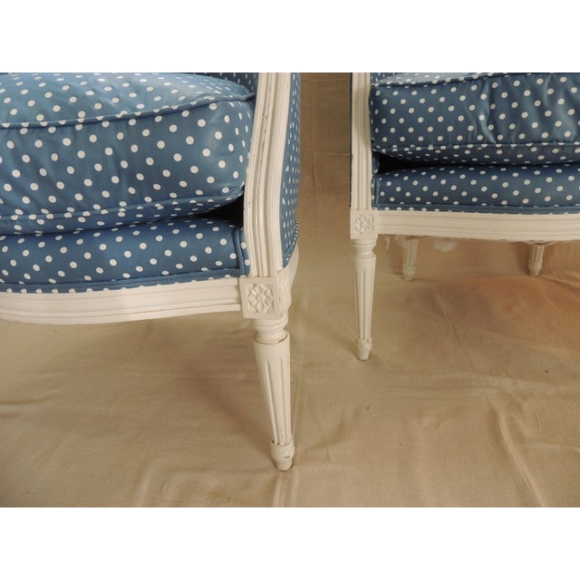 Wood Antique French Louis XVI Style Upholstered Barrel Back Armchairs - A Pair For Sale - Image 7 of 13