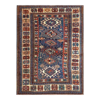 1890s Blue Navy Geoemtric Tribal Antique Caucasian Shirvan Rug 3'6" X 4'8" Handknotted Wool Carpet For Sale