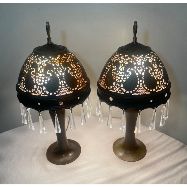 Metal Antique Ornate Patinated Bonze Austrian Reticulated Electric Table Lamps - a Pair For Sale - Image 7 of 18