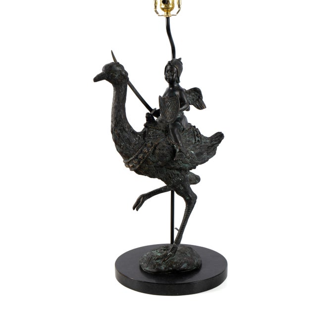 Metal Mid 20th Century Charming Pair of Bronze Ostrich Lamps With Cherubs For Sale - Image 7 of 12