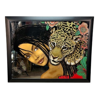 Vintage 53" Ethnic Women & Jaguar Painted Mirrored Wall Art For Sale