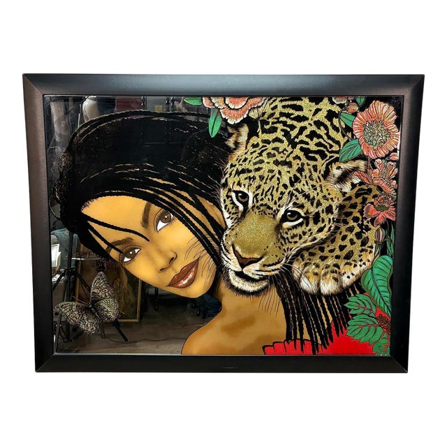 Vintage 53" Ethnic Women & Jaguar Painted Mirrored Wall Art For Sale