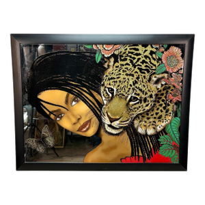 Vintage 53" Ethnic Women & Jaguar Painted Mirrored Wall Art