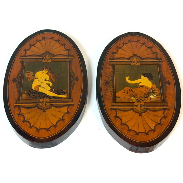 Pair 19th C. English Aesthetic Movement/Pre-Raphaelite Marquetry Plaques with Classical Muses. A refined pair of late...
