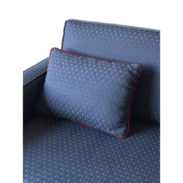 Baker Furniture Company 1960s Vintage Mid-Century Navy Jacquard Skirted Tuxedo Sofa For Sale - Image 4 of 18