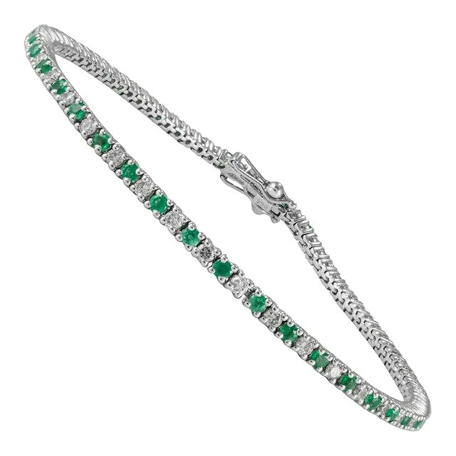 Solid 18k White Gold Natural Round-Cut Emerald and Diamond Line Bracelet For Sale