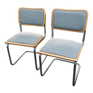 Vintage Mid Century Blue Upholstered Cantilever Chairs- A Pair For Sale