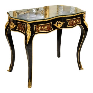 Palace Collection Writing Desk – Hand-Inlaid Marquetry, Glass Top & Louis XV Elegance For Sale