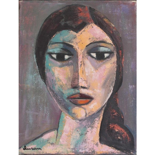 Portrait of spanish woman', acrylic on canvas, signed 'duran', circa 1980s. A stylised, bust-length modernist portrait of...
