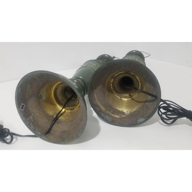 1950s Regency Japanese Verdigris Brass Marbro Style Table Lamps - a Pair For Sale - Image 6 of 12