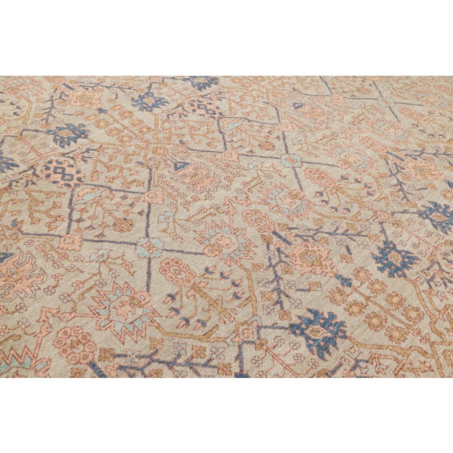 Modern Tabriz Style Wool Area Rug – Muted Neutrals, Peach & Indigo Accent 12x15 For Sale - Image 11 of 12