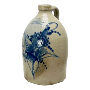 Outstanding 1870s Antique American Blue Decorated 3 Gallon Stoneware Jug by Reidinger & Caire Poughkeepsie N Y