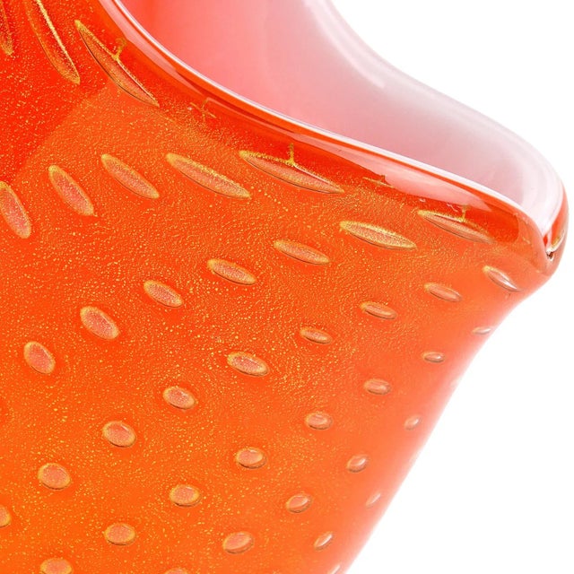 Murano Murano Barbini Vintage Orange Gold Flecks Italian Art Glass Mid Century Flower Basket Vase For Sale - Image 4 of 8