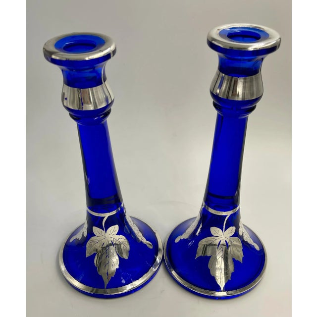 Mid-Century Modern Silver Overlay Colbalt Blue Grape and Leaf Candlestick Candle Holders - A Pair For Sale - Image 3 of 10