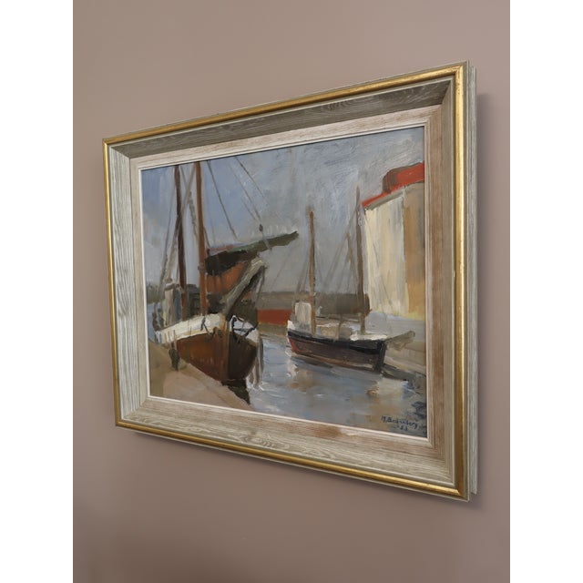 1953 Mid-Century Modern 'Harbour at Rest' Vintage Original Swedish Expressive Seascape Oil Painting, Framed For Sale - Image 6 of 13