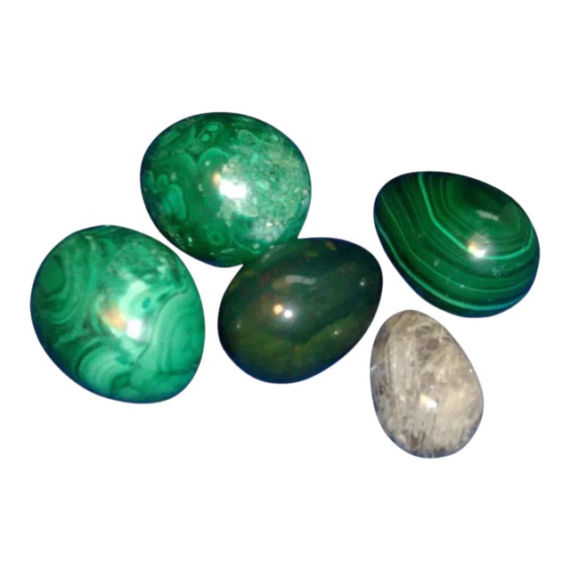 Stone Malachite & Rock Crystal Egg Objects- Set of 5 For Sale