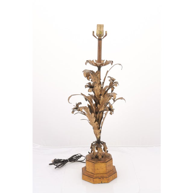 A vintage Frederick Cooper gilt metal floral-form lamp crafted in the style of Italian tole work. The intricate botanical...
