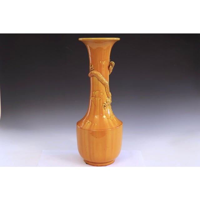 Arts & Crafts Vintage Awaji Pottery Dragon Vase Japanese Arts Crafts Yellow Monochrome 18" For Sale - Image 3 of 9