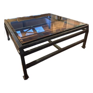 Vintage Iron and Glass Green Patina Coffee Table For Sale